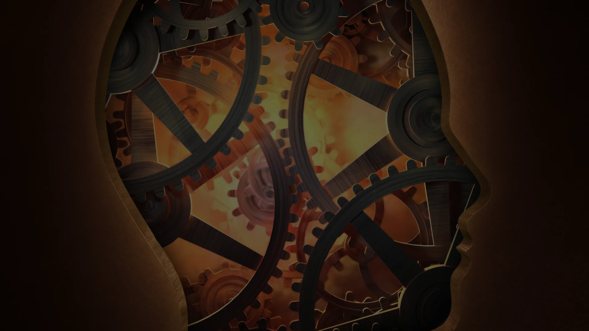 En mörkare bild av en grafisk bild som föreställer ett mekaniskt huvud med kugghjul