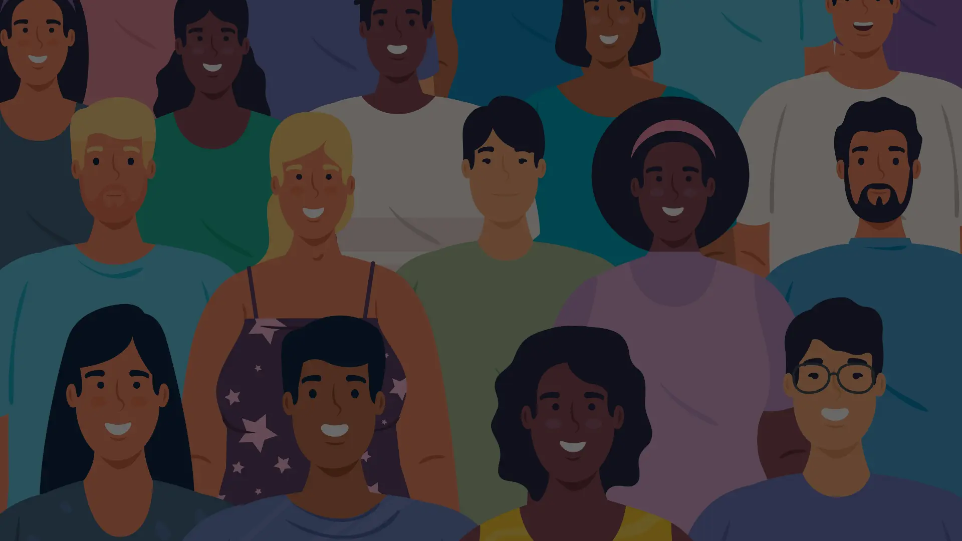 En mörkare bild av en tecknad bild av flera olika personer med olika hudfärger