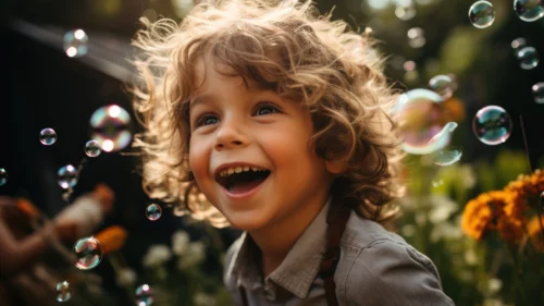 glad liten pojke med såpbubblor runtomkring sig
